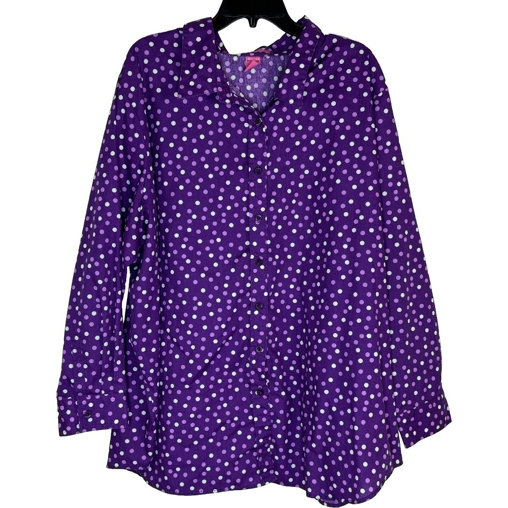 Woman Within Purple Polka Dot Button Up Shirt Womens 3X Long Sleeve Cotton Blend - Picture 3 of 11